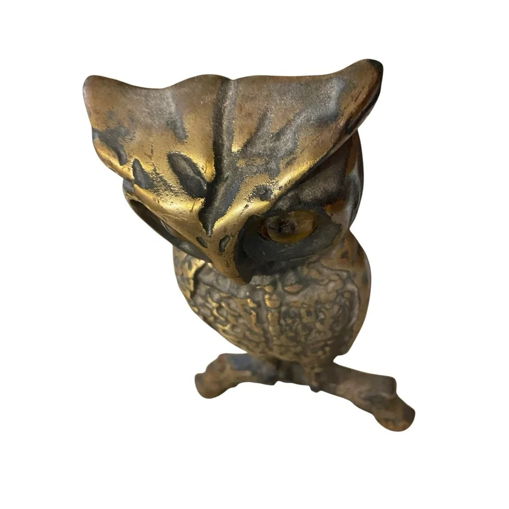 Antique Vintage Brass Owl Andirons Fireplace Amber Glass Eyes‎ 13